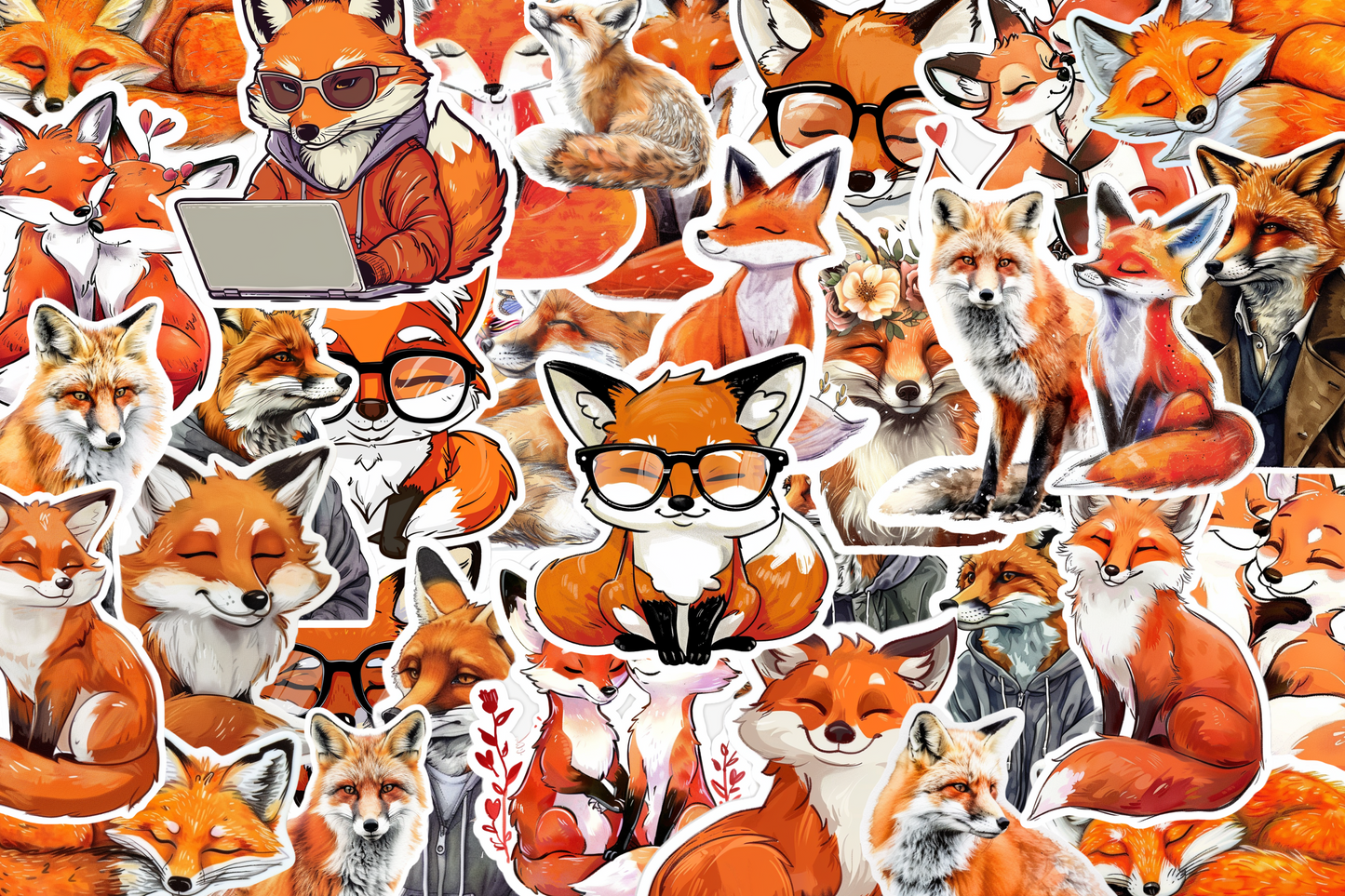 Fox Beautiful Foxes Orange Stickers Journal Wall Scrapbook Laptop Computer Sticker Packs - High Quality Vinyl
