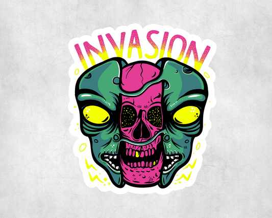 2 x Alien Invasion Neon Sticker Car Bike Seal Laptop Indoor Tablet Skate Decals